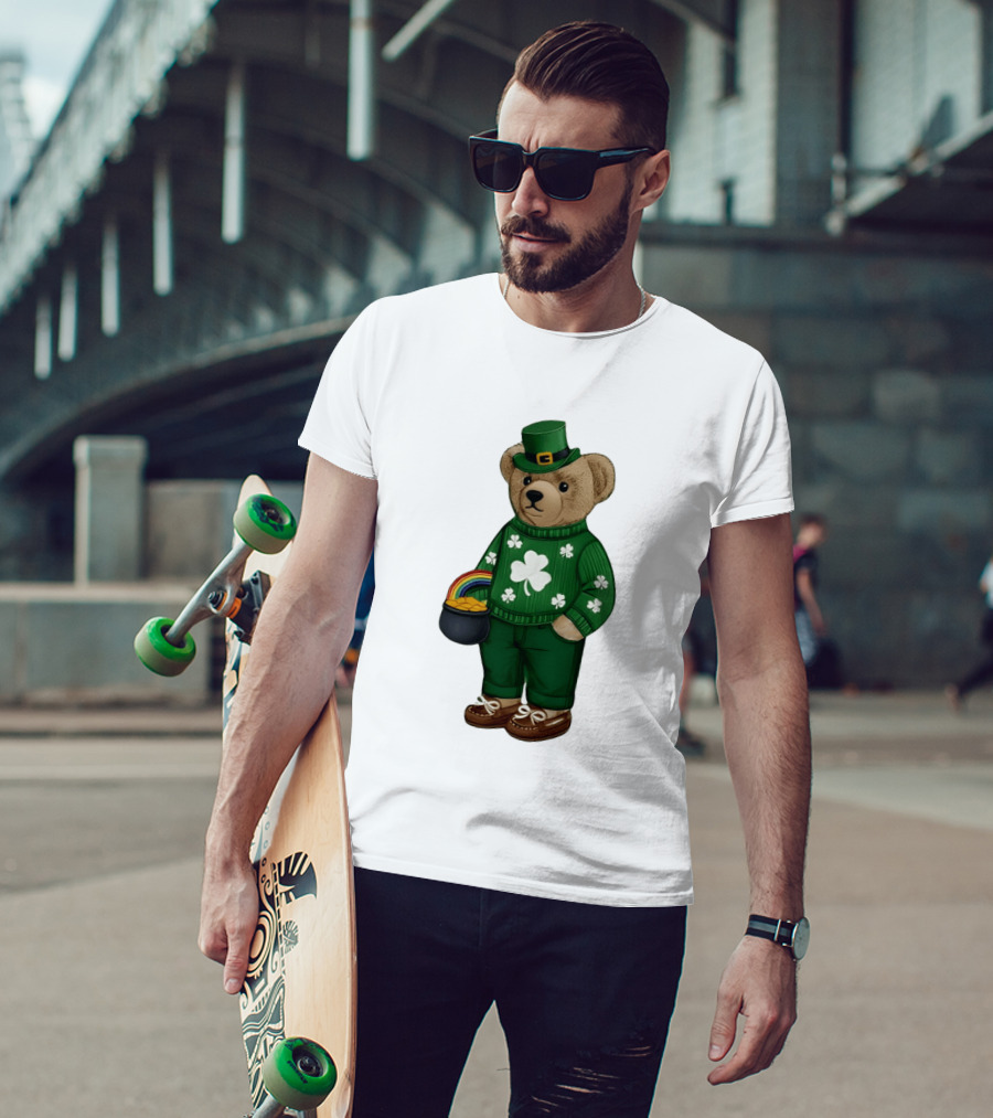 Lucky Teddy Bear Irish St Patricks Day Clover Rainbow Pot Of Gold T-Shirt