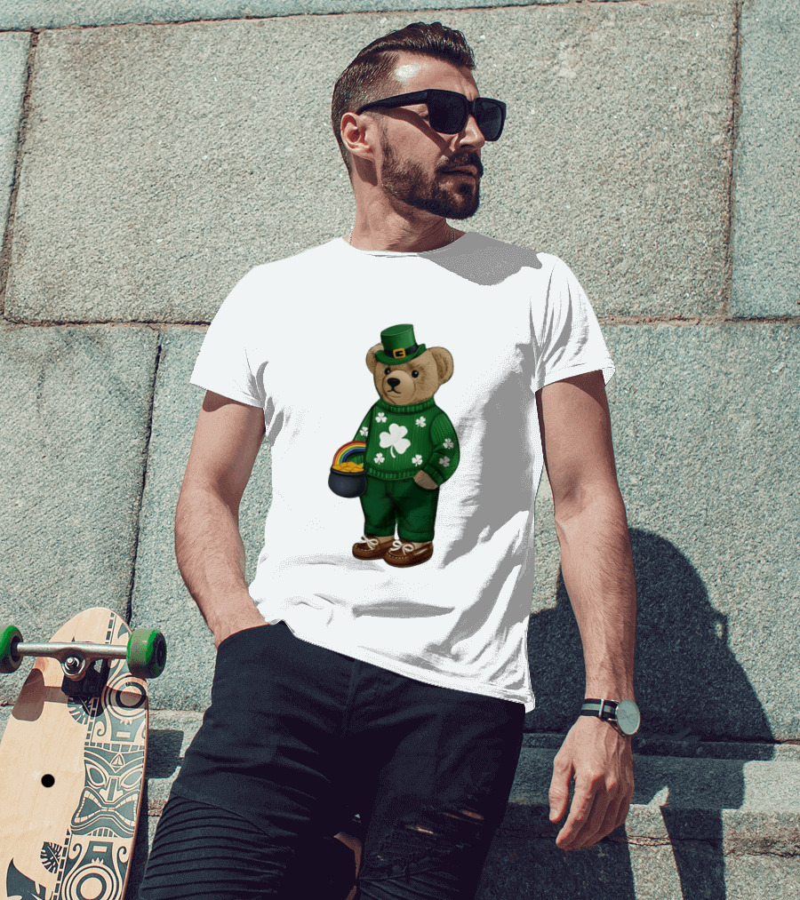 Lucky Teddy Bear Irish St Patricks Day Clover Rainbow Pot Of Gold T-Shirt