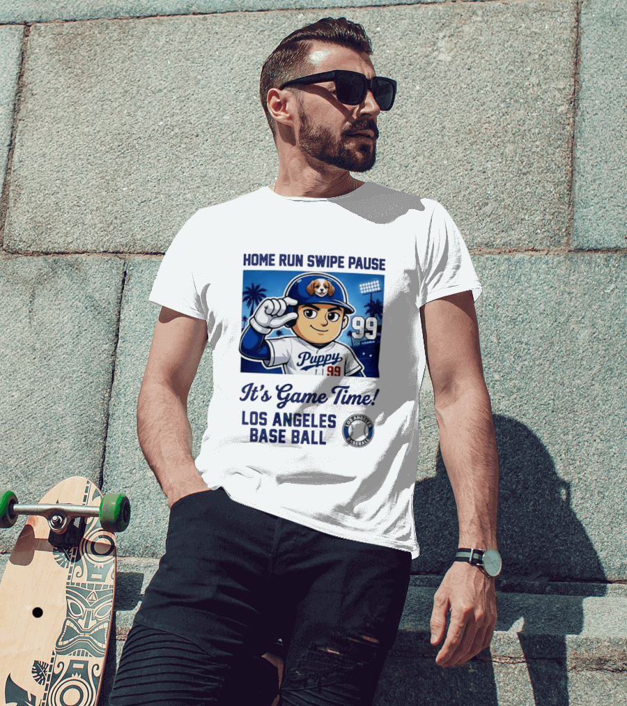 Home Run Swipe Pause Puppy 99 It's Game Time Los Angeles Baseball T-Shirt