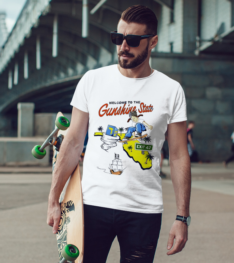 Welcome To The Gunshine State Florida Skateboarding Exit 42 Palms Pirate Ship T-Shirt