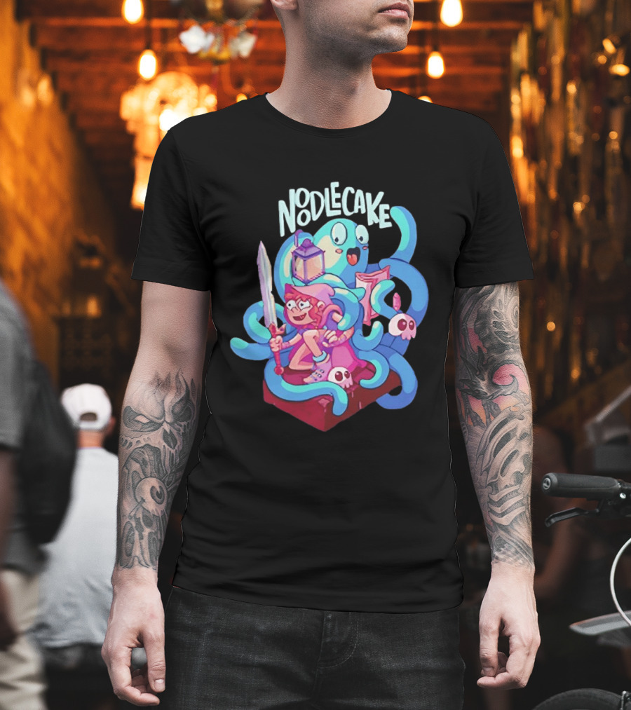 Noodlecake Cartoon Adventurer And Ghost With Sword And Skulls T-Shirt