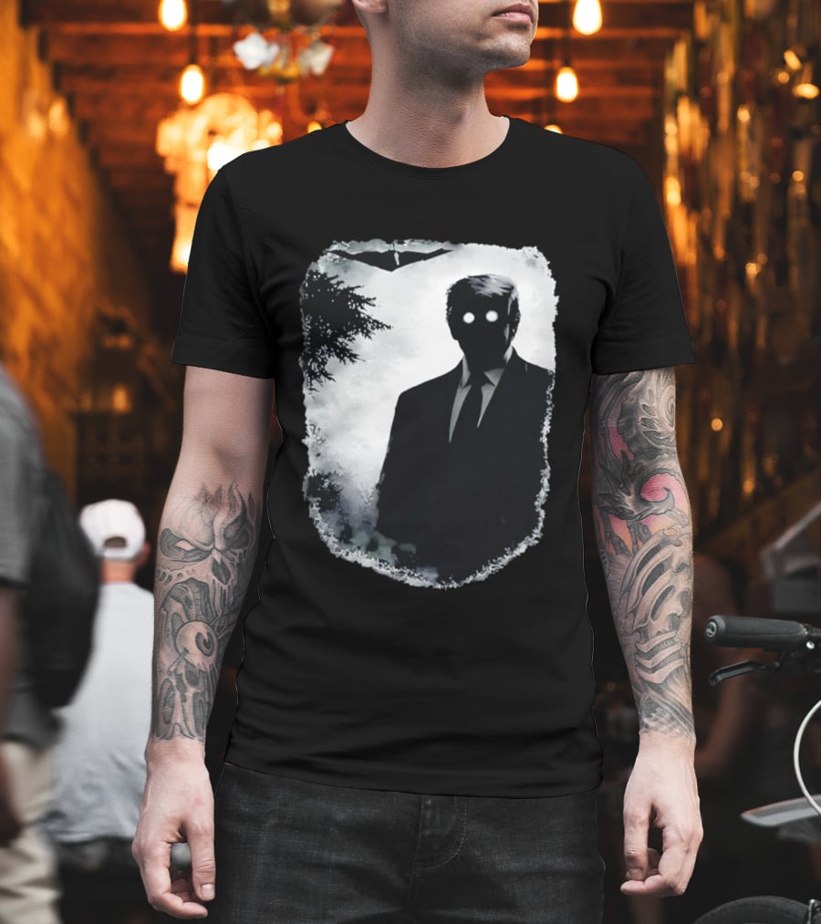 Dark Shadow Figure Mysterious Silhouette Trump Eerie Woods Cloaked Eyes T-Shirt