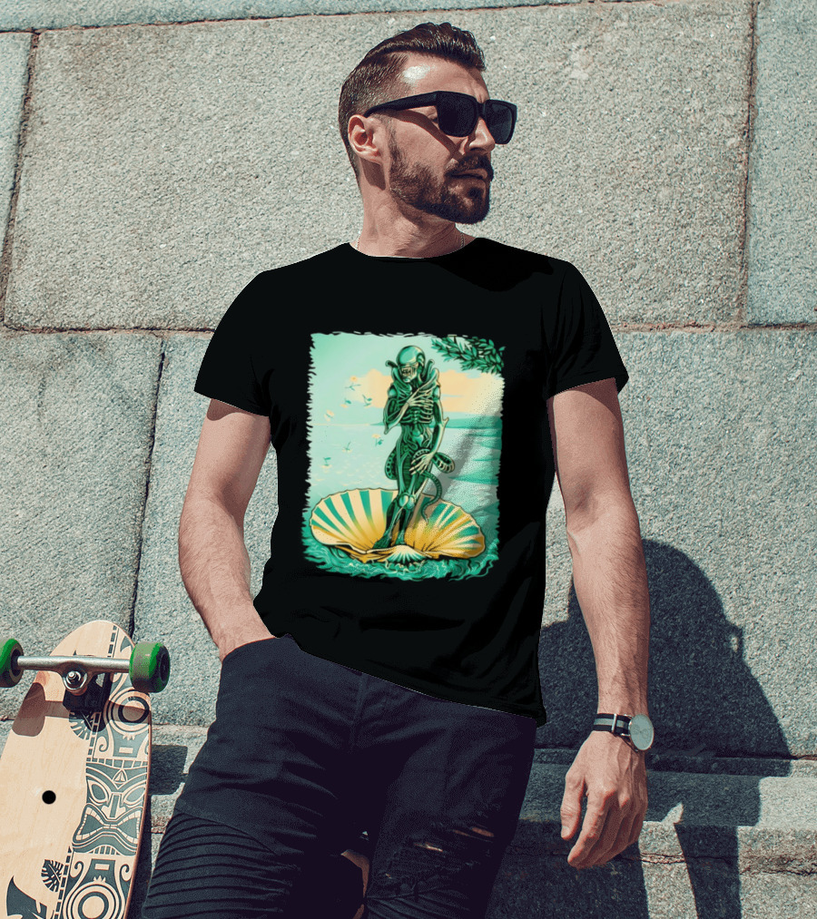 Alien Seated On Seashell The Birth Of Alienus Fusion Renaissance T-Shirt