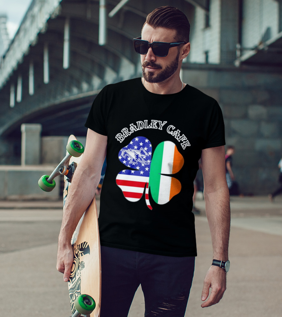 Bradley Cafe Providence RI Est 1937 Four Leaf Clover American Irish Flag T-Shirt