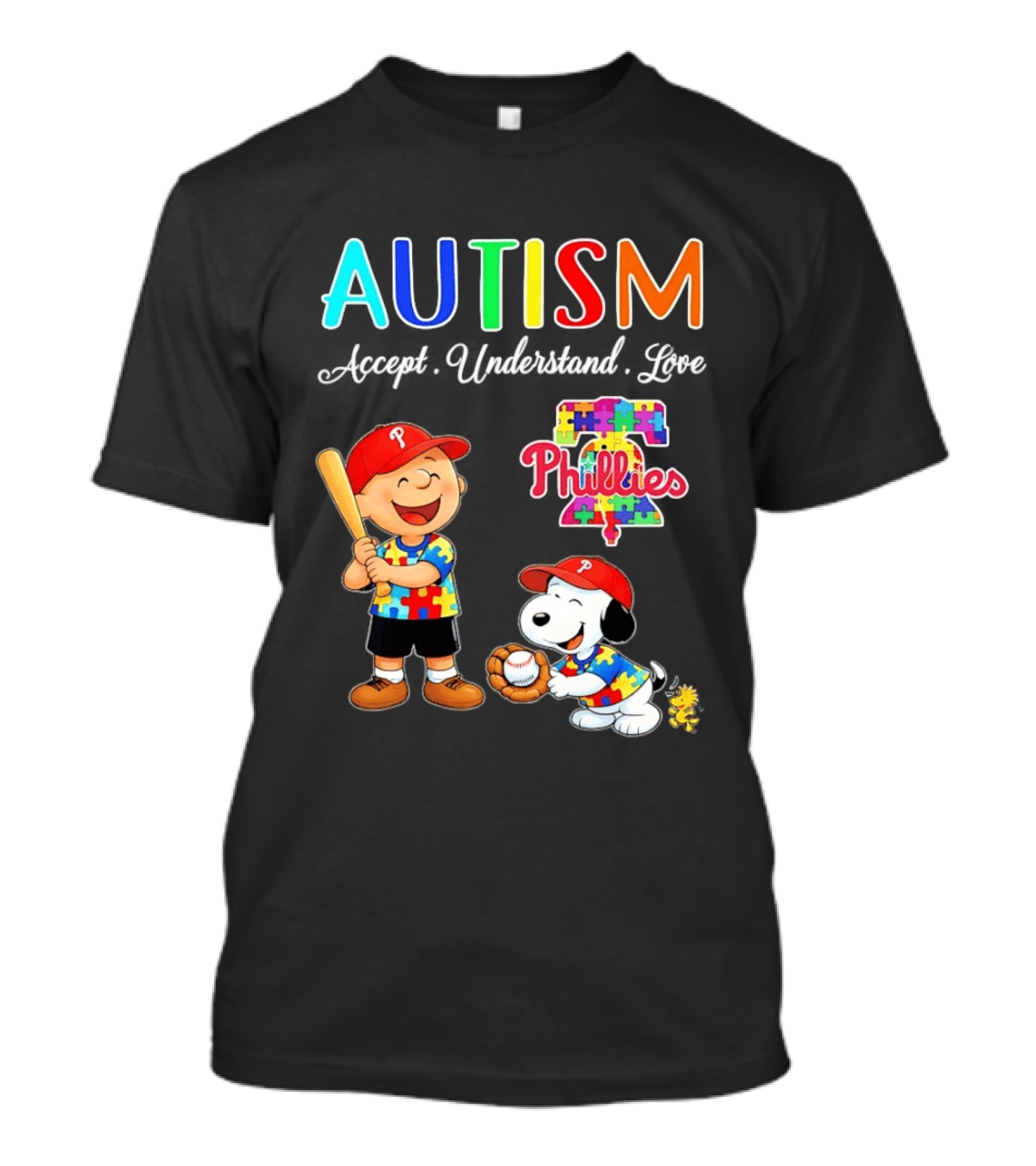 Charlie Brown Snoopy Philadelphia Phillies Autism Awareness Puzzle Piece Accept Understand Love T-Shirt