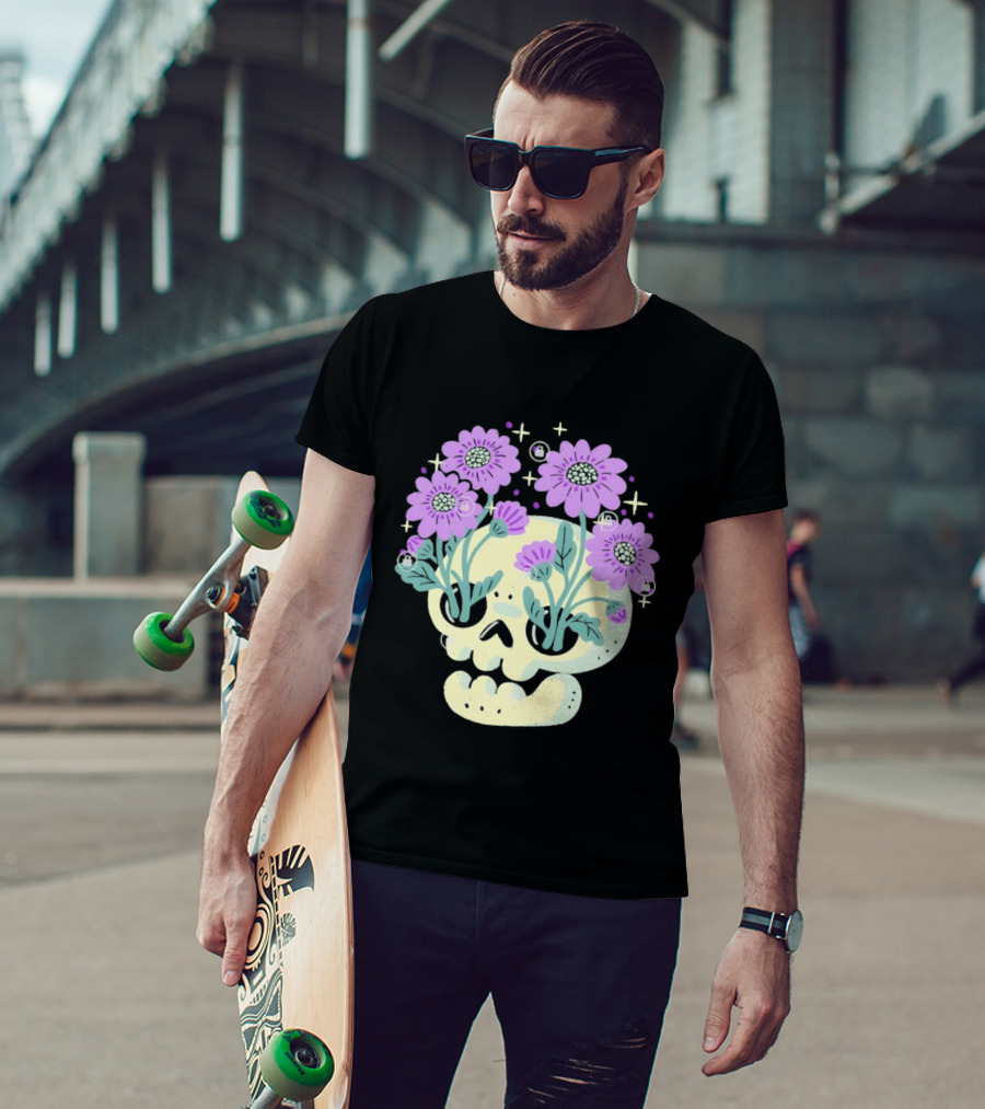 Skull With Purple Flowers And Stars Aesthetic T-Shirt