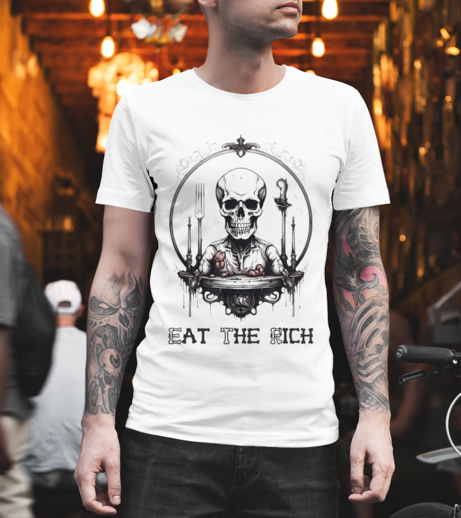Skeleton Eat the Rich Gothic Skeleton with Cutlery Noir T-Shirt