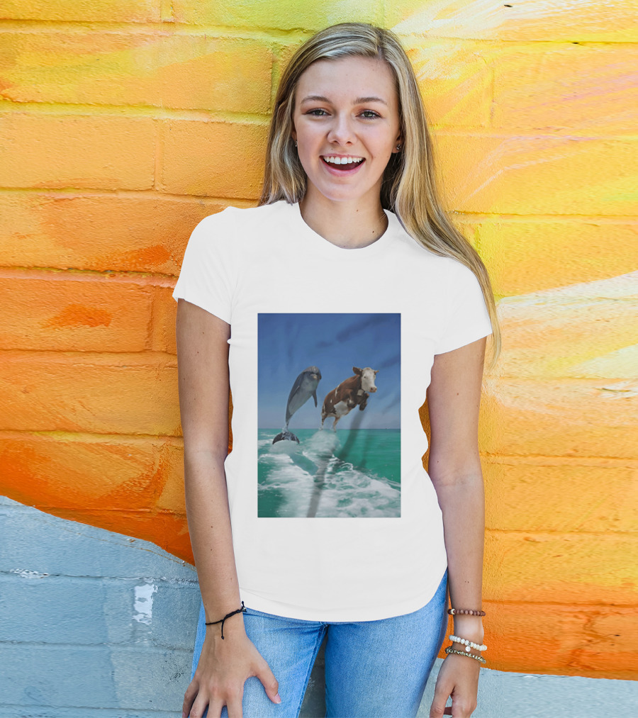 Cow And Dolphin Jumping Out Of Water Ocean Adventure T-Shirt
