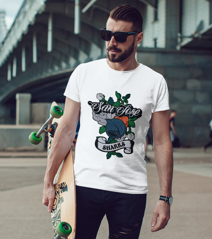 San Jose Sharks Floral Tattoo Style Team T-Shirt