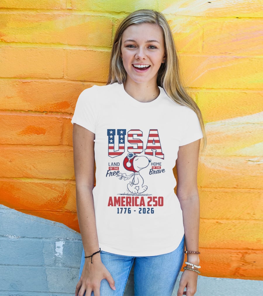 Snoopy USA Flight Helmet Land Free Home Brave America 250 1776 2026 T-Shirt