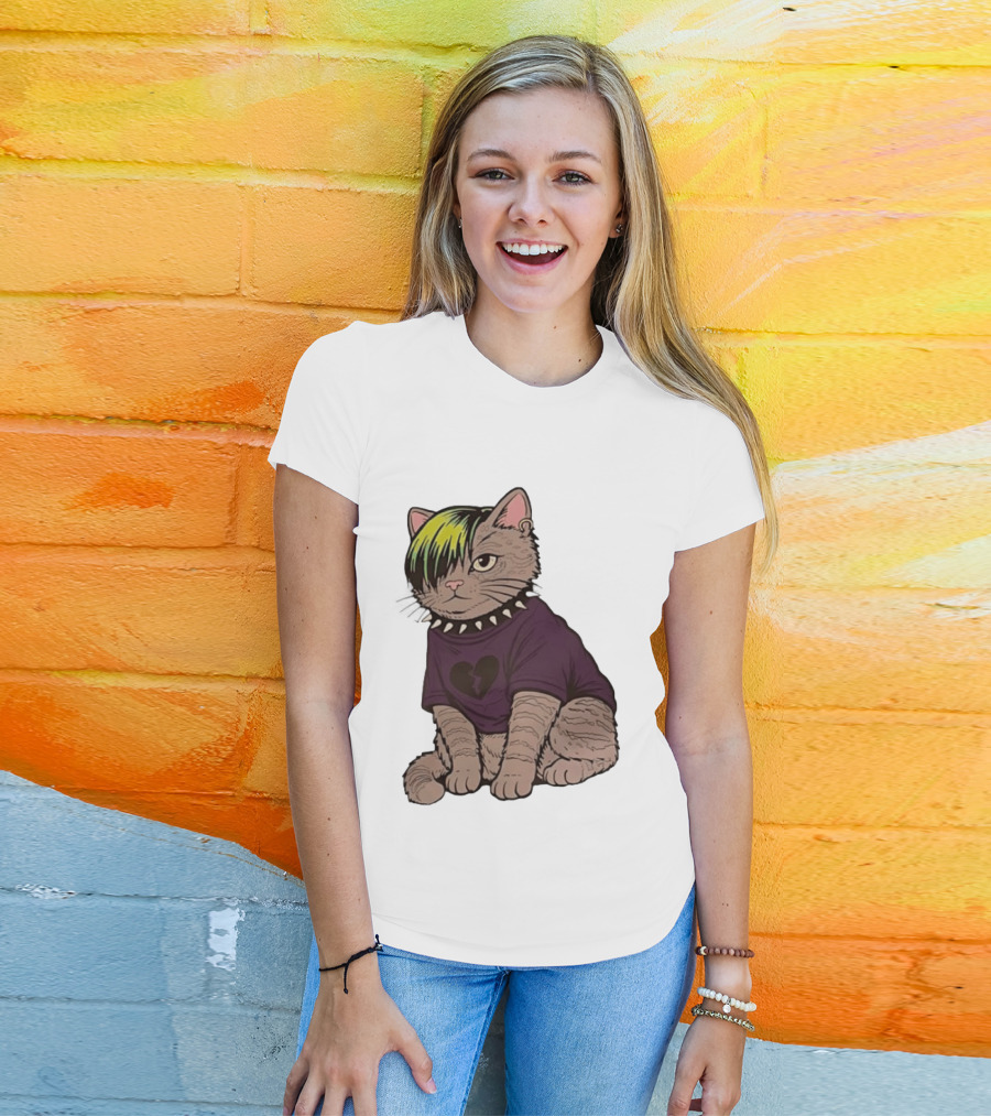 Emo Scene Cat With Heart Break Symbol And Spiked Collar T-Shirt