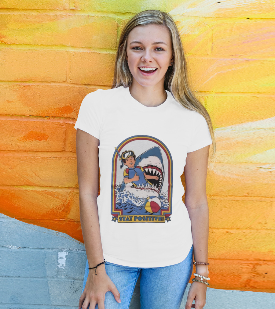 Stay Positive Scuba Boy In Great White Shark Mouth With Beach Ball T-Shirt