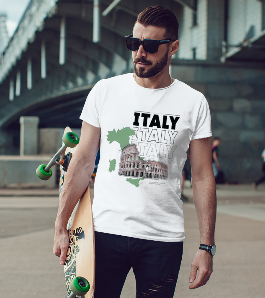 Italy Map And Colosseum Iconic Landmarks Text Heavy Exploration T-Shirt