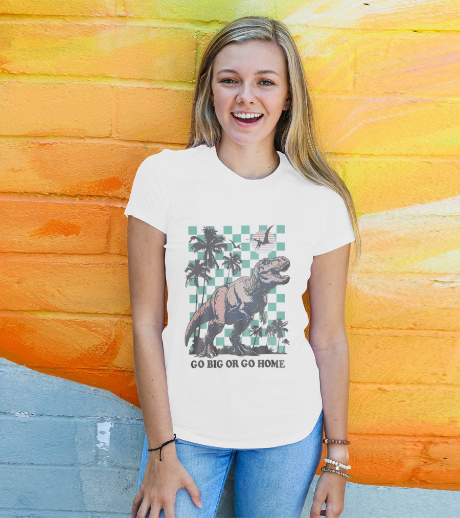 Tyrannosaurus Rex Go Big Or Go Home Palm Trees Checkerboard Sunset T-Shirt