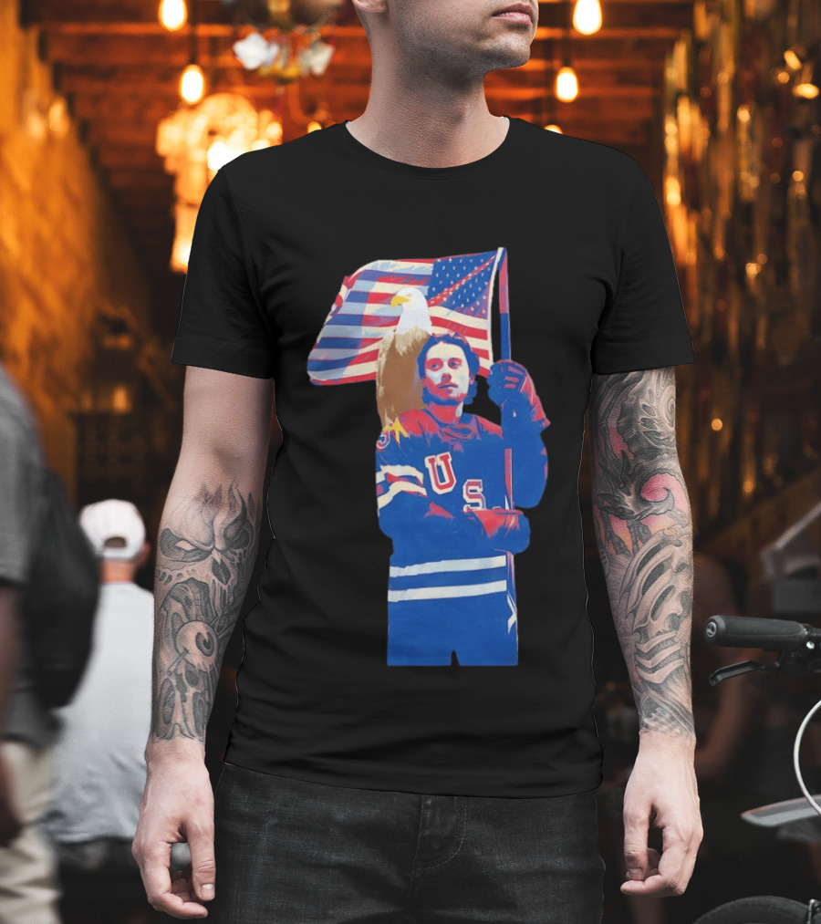 USA Hockey Jack Hughes American Flag Bald Eagle T-Shirt