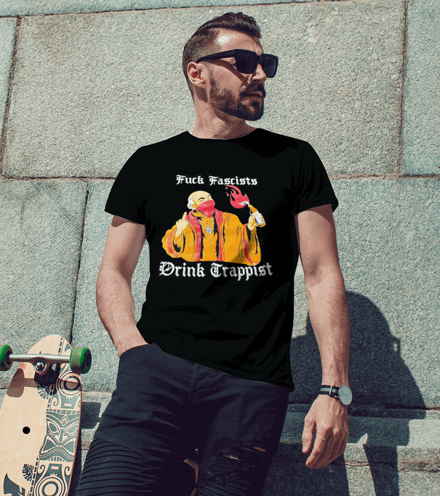 Monk Middle Finger Holding Cocktail Molotov Fuck Fascists Drink Trappist T-Shirt