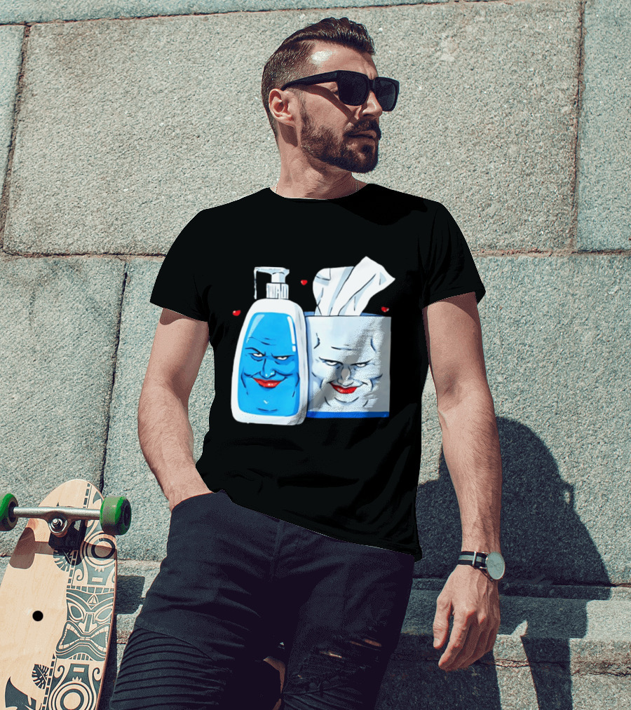 Smiling Blue Lotion Bottle And Tissue Box Meme With Red Lips And Hearts T-Shirt