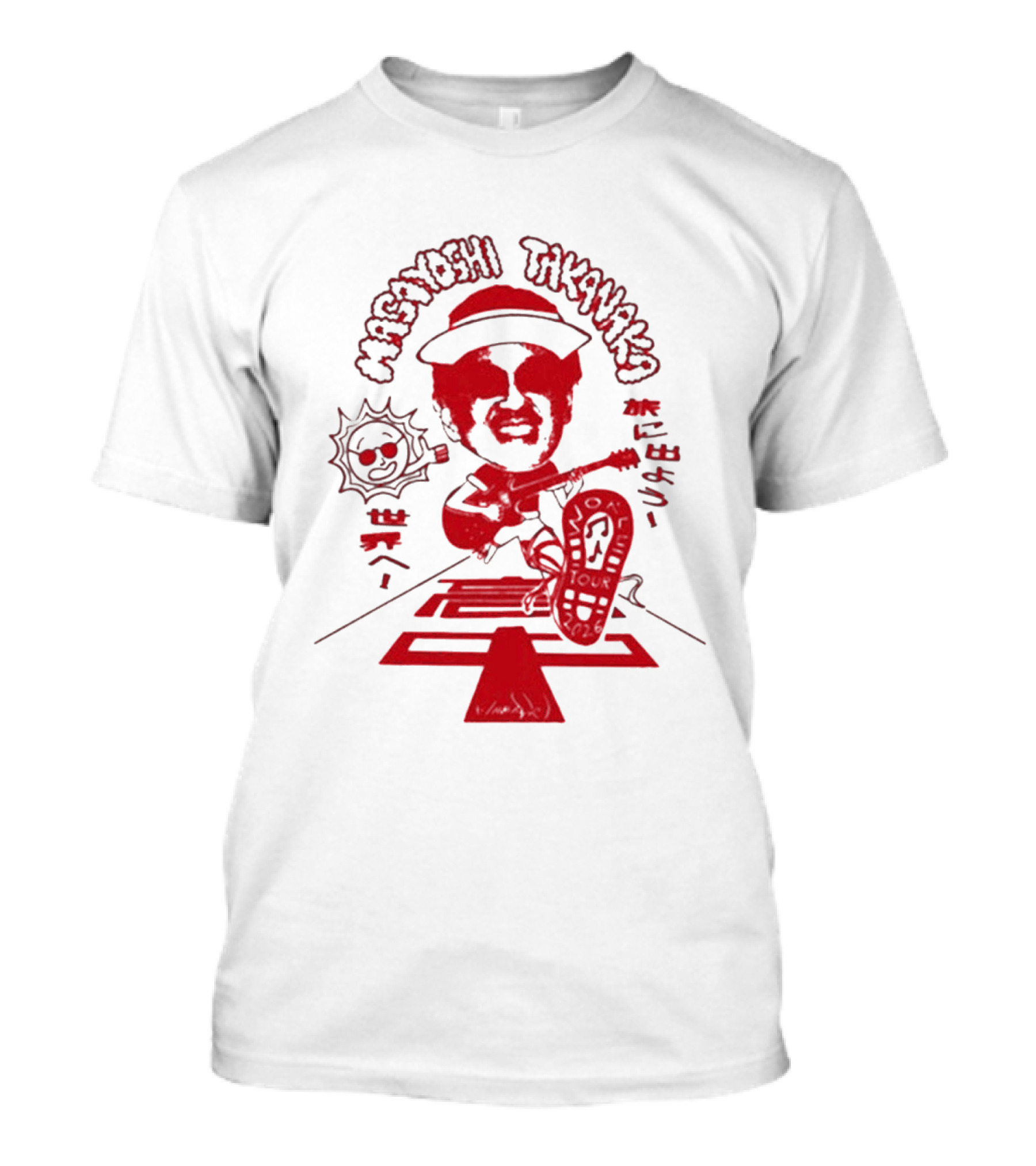 Masayoshi Takanaka Super Takanaka World Tour 2026 Caricature Art Red And White T-Shirt