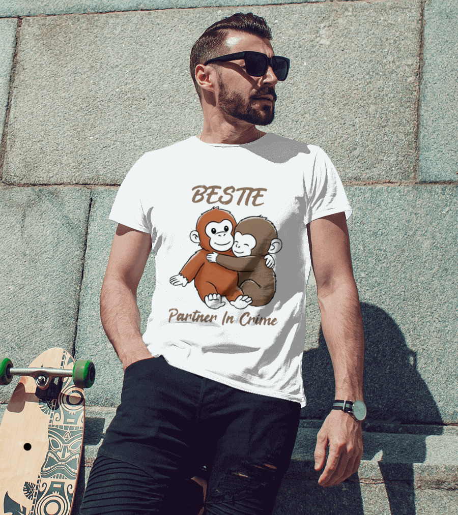 Bestie Partner In Crime Cute Monkey Hug Friendship T-Shirt