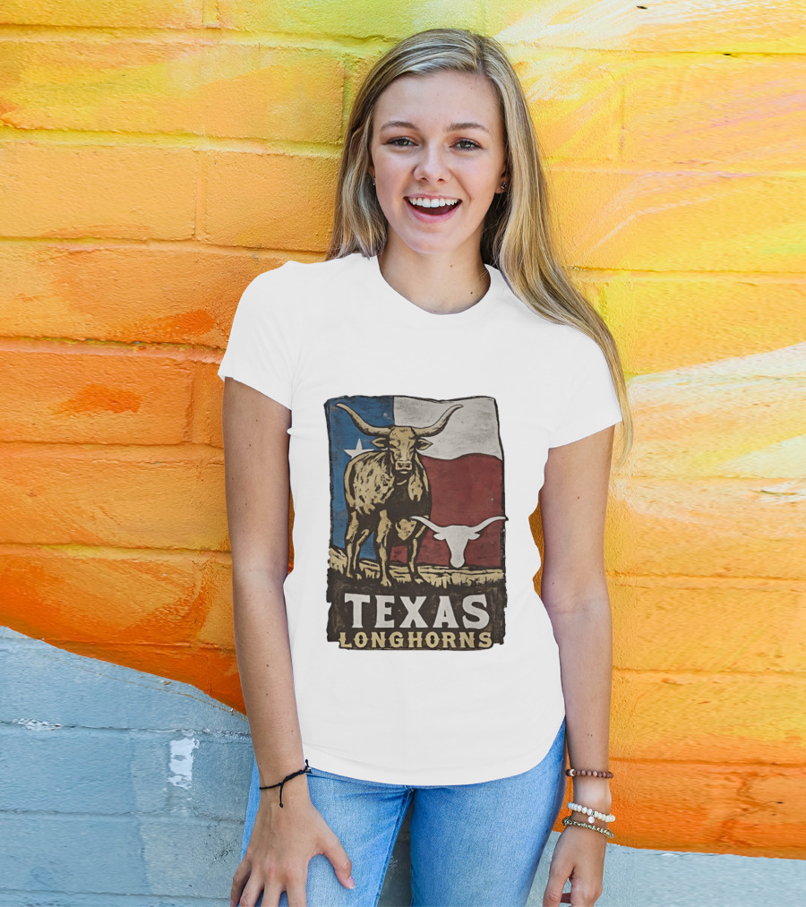 Texas Longhorns Flag Vintage Style Cow T-Shirt