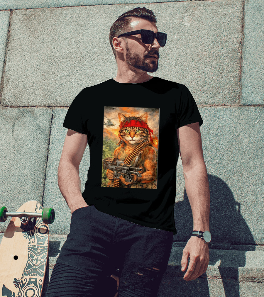 Rambo Cat With MG 3 Gun On Battlefield With Helicopter And Jungle Backdrop T-Shirt