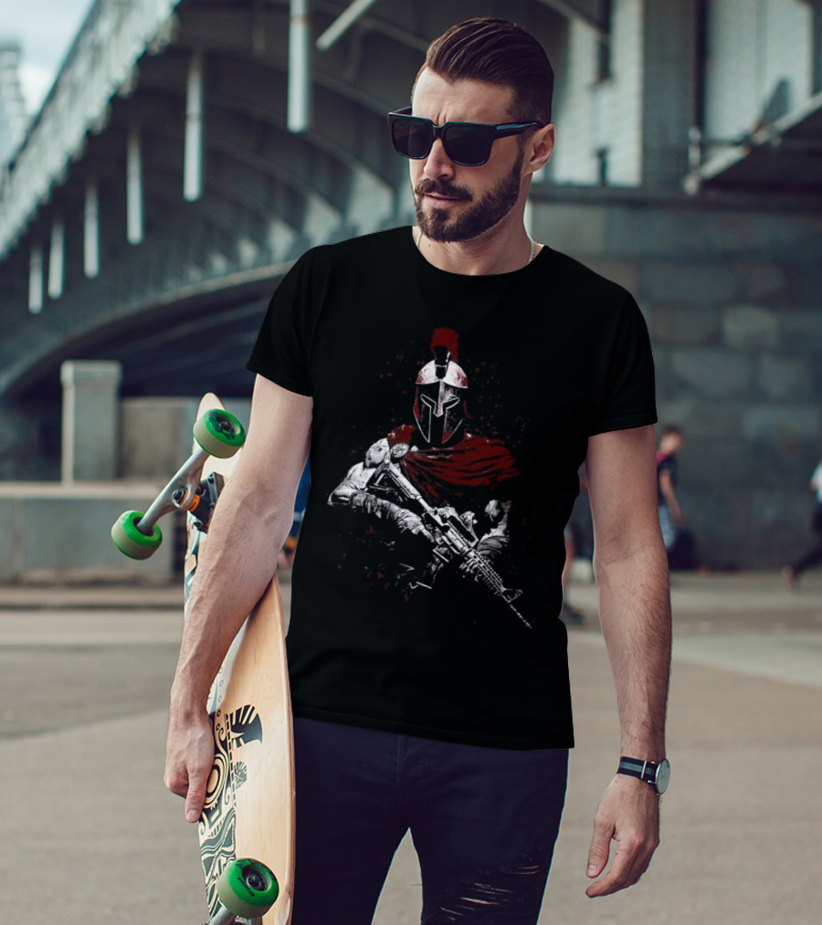 Warrior Ethos Holding Gun Wearing Spartan Helmet Blood Red Cape T-Shirt