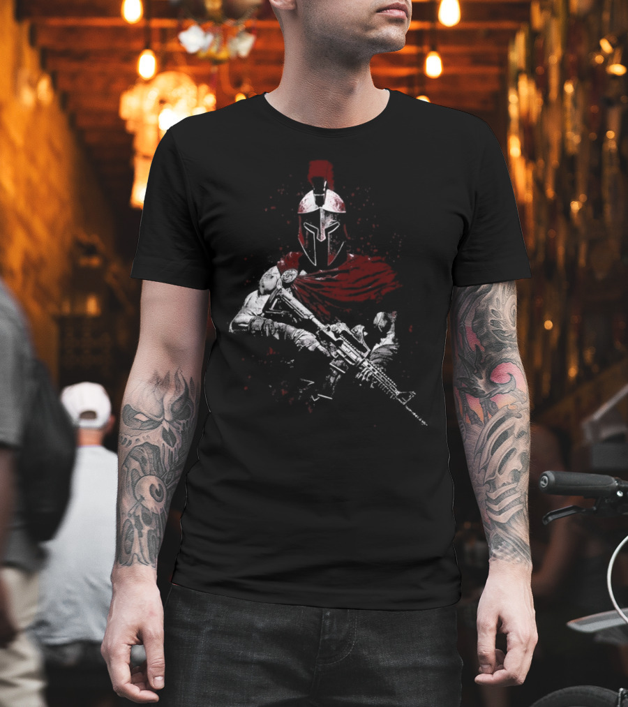 Warrior Ethos Holding Gun Wearing Spartan Helmet Blood Red Cape T-Shirt