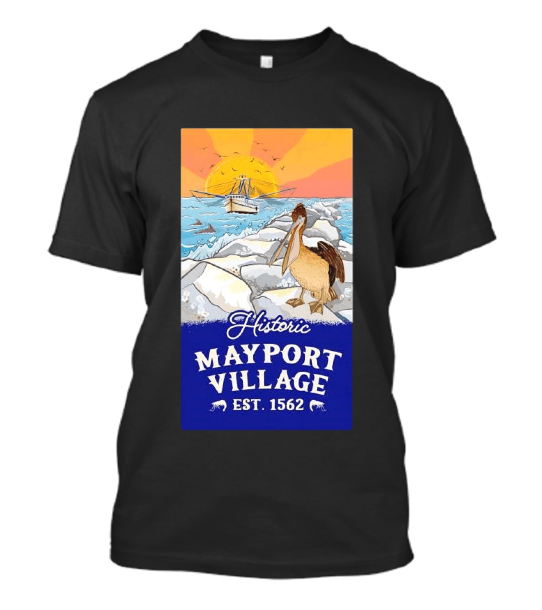 Historic Mayport Village EST 1562 Ocean Sunrise Pelican And Fishing Boat T-Shirt