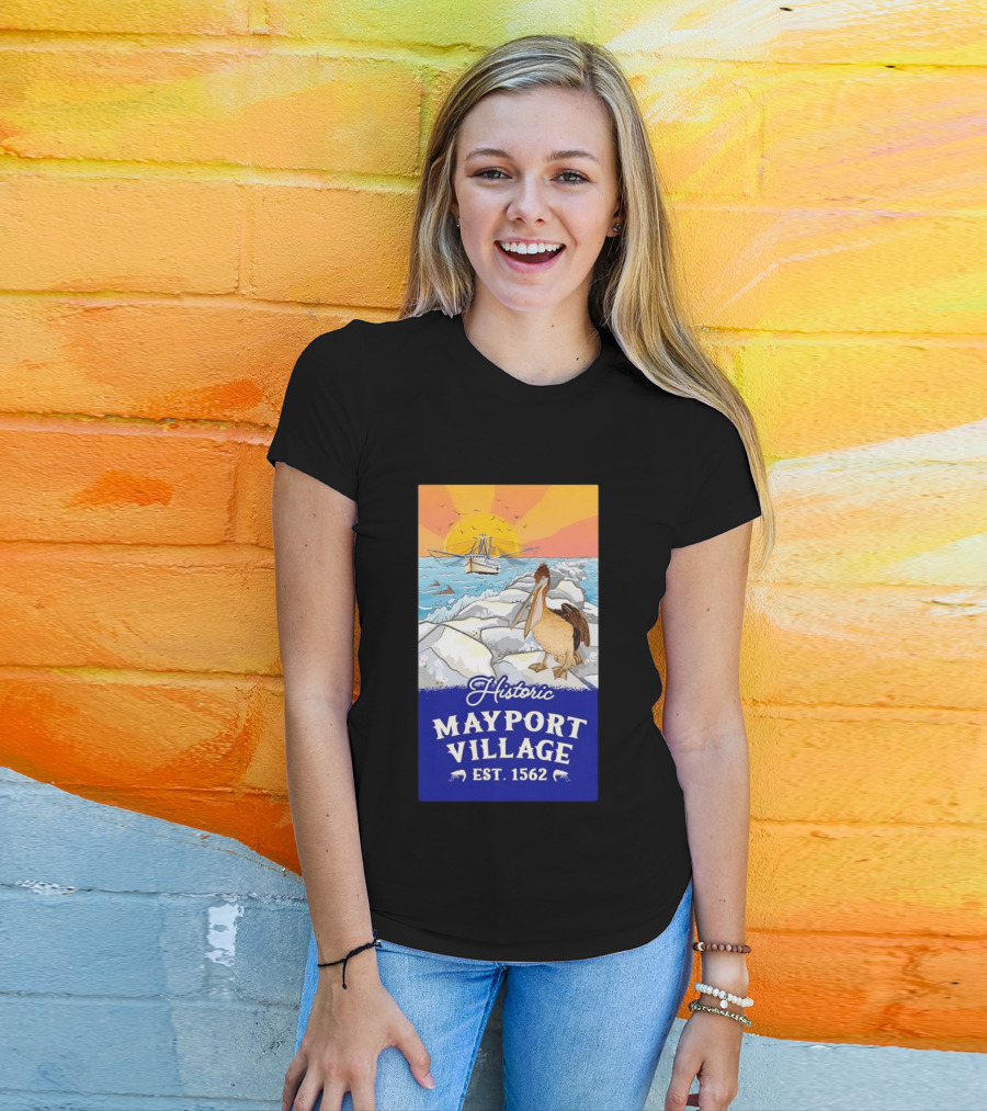 Historic Mayport Village EST 1562 Ocean Sunrise Pelican And Fishing Boat T-Shirt
