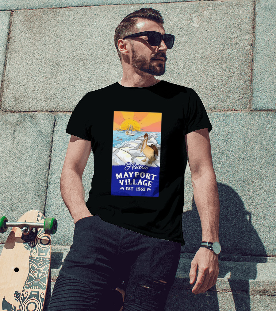 Historic Mayport Village EST 1562 Ocean Sunrise Pelican And Fishing Boat T-Shirt