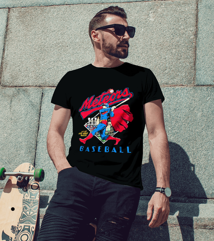 Meteors Baseball Superhero Swinging Bat Power City Stadium Iconic Comic T-Shirt