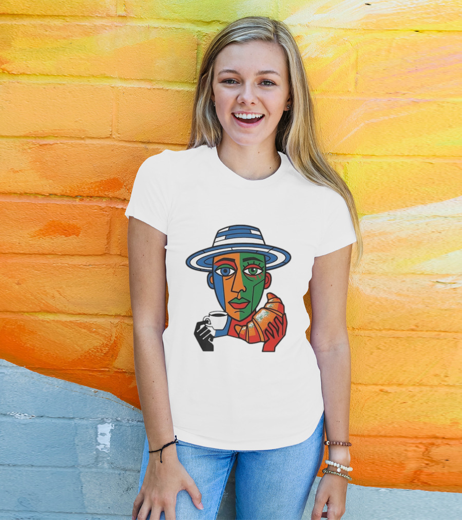 Cubist Coffee Drinker With Hat And Croissant T-Shirt