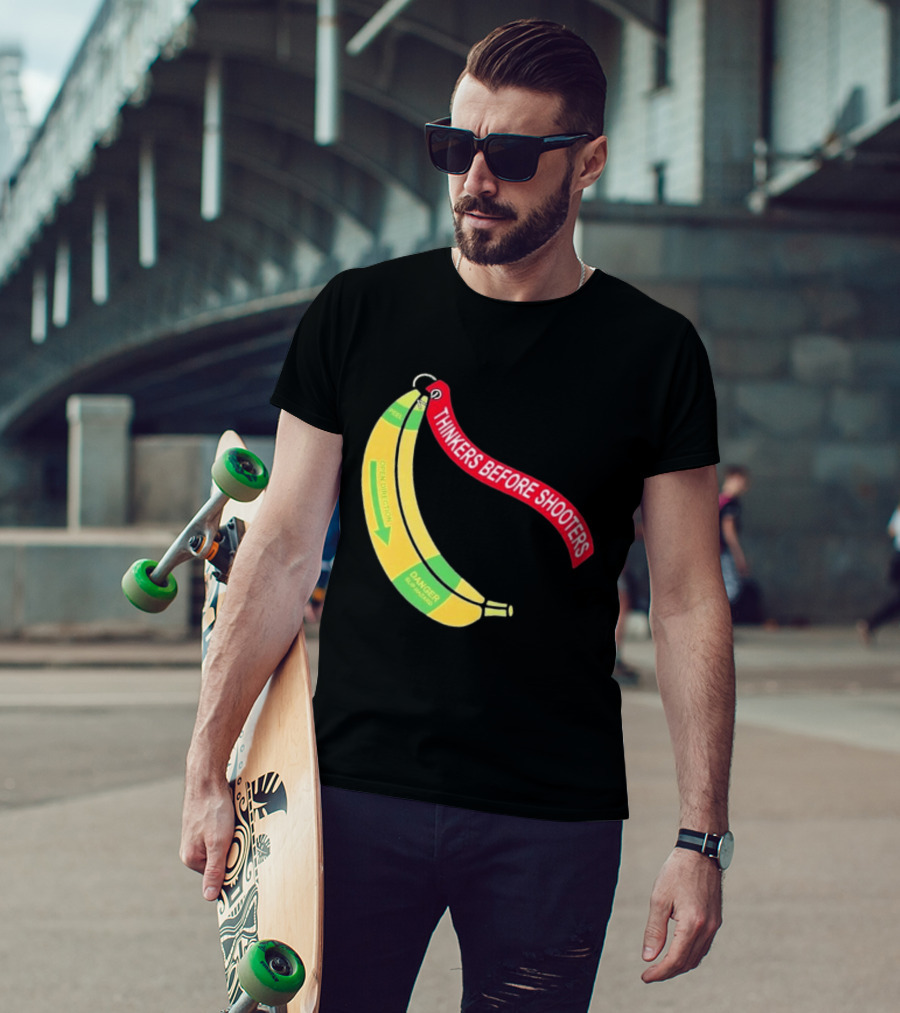 Thinkers Before Shooters John Jackson Banana Warning Peel Open Direction T-Shirt
