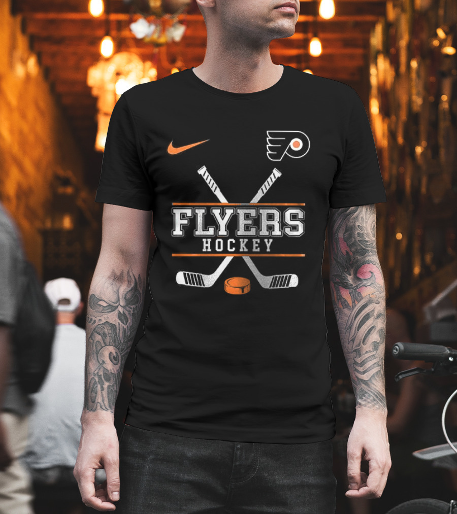 Philadelphia Flyers Nike Hockey Crossed Sticks And Puck T-Shirt