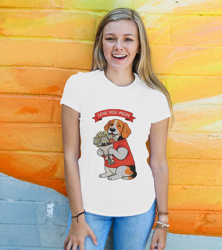 Love You Mom Beagle Holding Flowers Bouquet T-Shirt