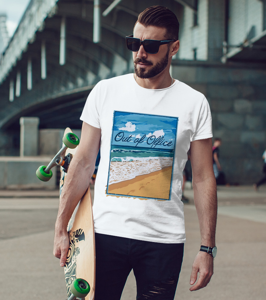 Out Of Office Beach Painting Photo 2025 Blue Sky Ocean Waves Sand T-Shirt