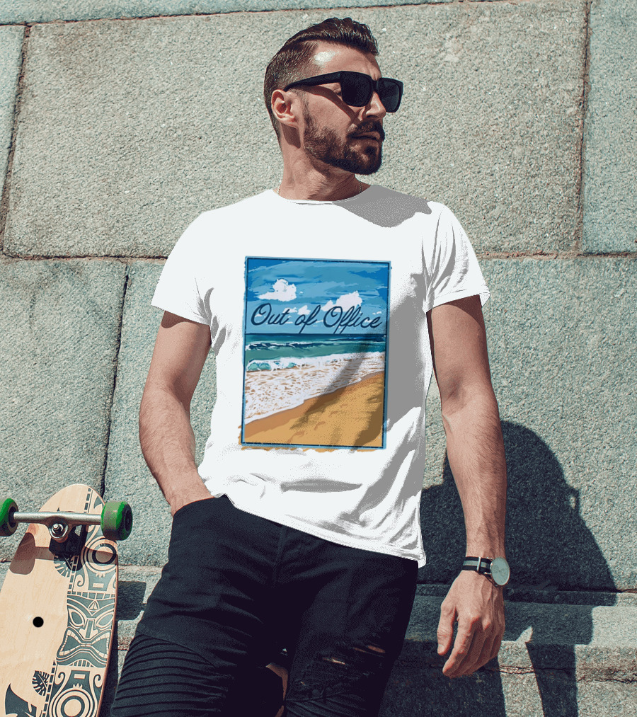 Out Of Office Beach Painting Photo 2025 Blue Sky Ocean Waves Sand T-Shirt