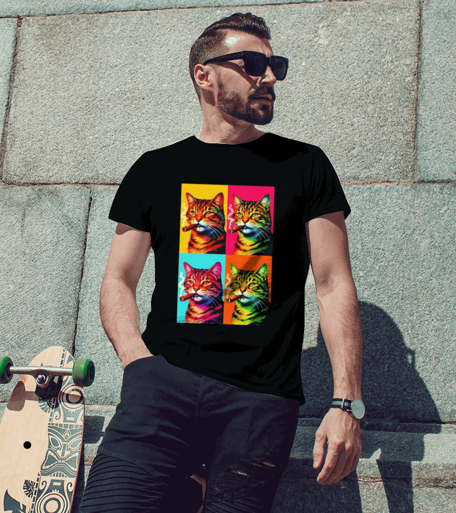 Pop Art Cat Smoking Cigar Colorful Comic T-Shirt