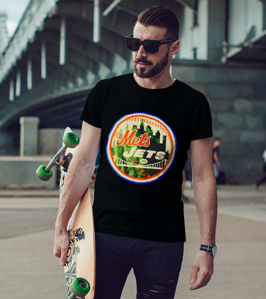 New York Mets Jets Football Baseball Crossover Skyline Bridge T-Shirt