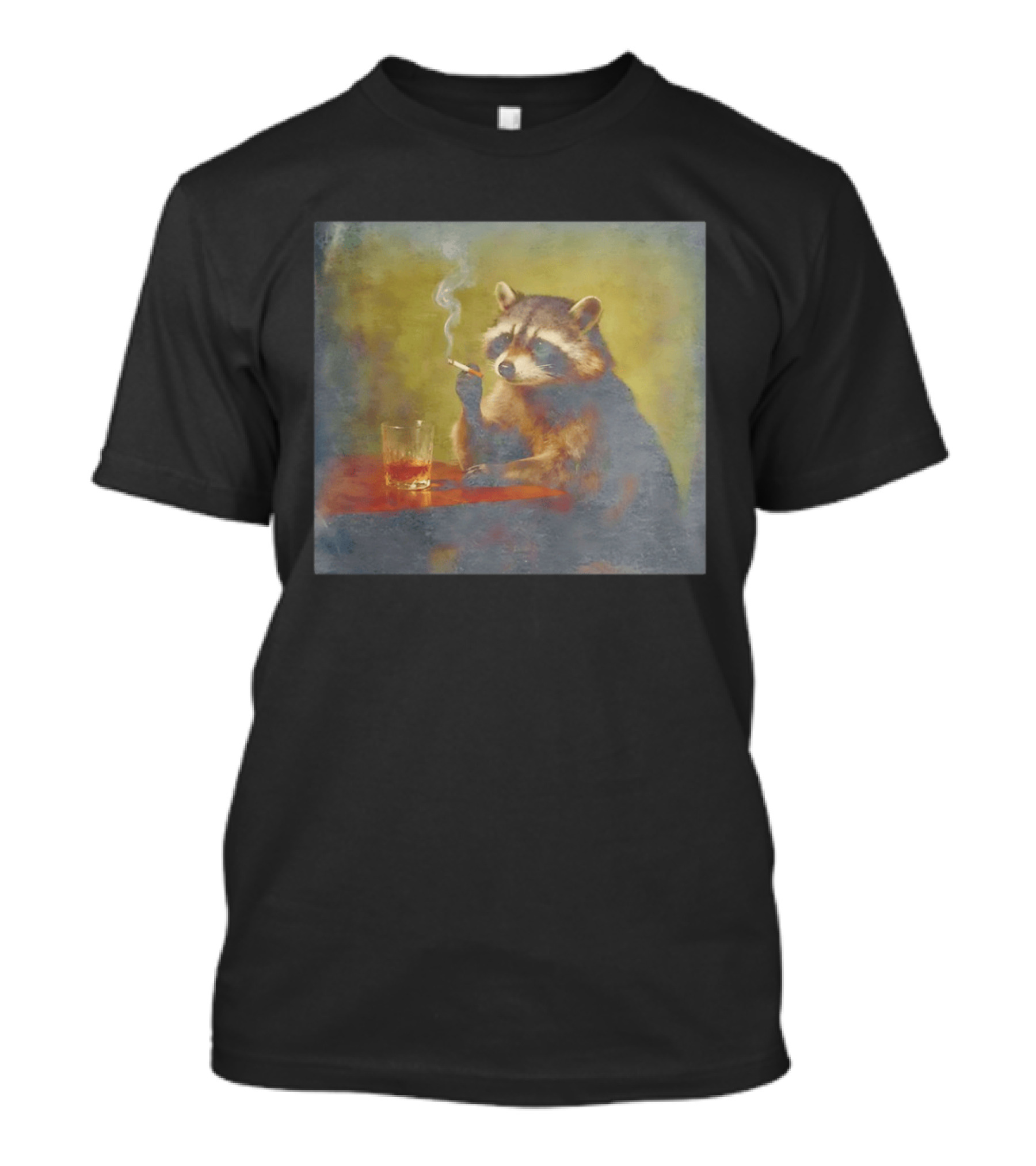 Sad Raccoon Smoking Cigarette And Drinking Whiskey Scene T-Shirt