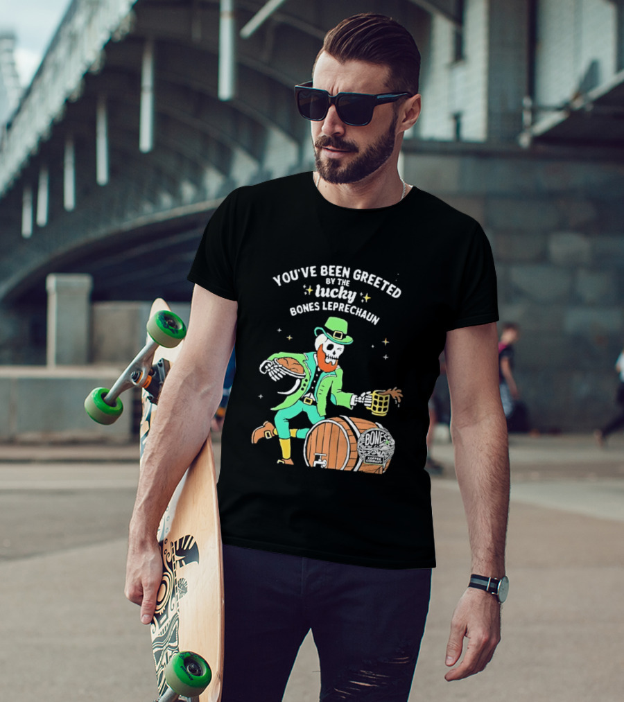 Lucky Bones Leprechaun With Beer And Barrel Celebration T-Shirt
