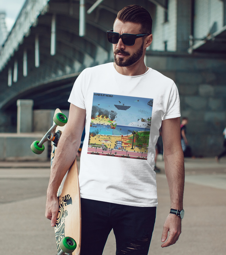 Super Flat World Cartoon Pixel Art Adventure Beach Cityscape Fantasy T-Shirt