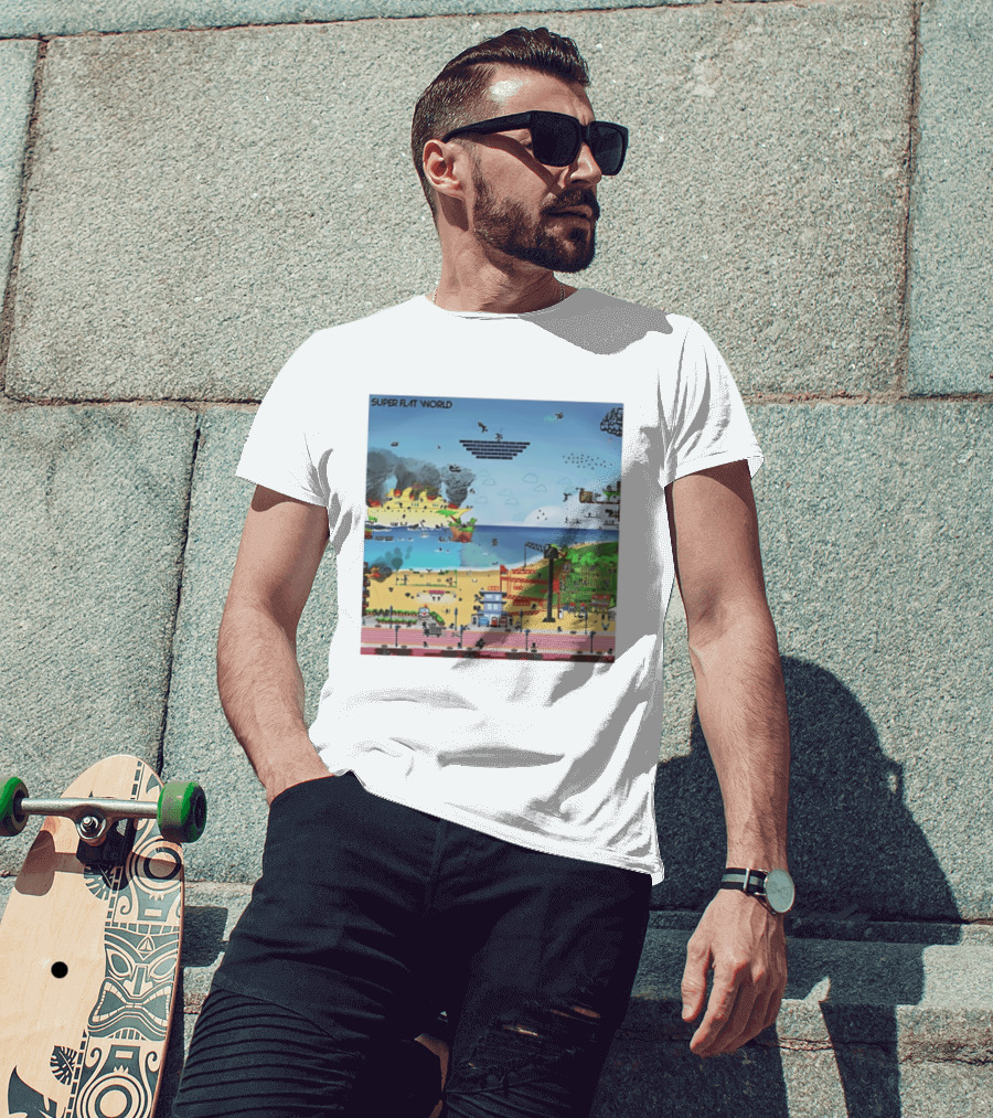 Super Flat World Cartoon Pixel Art Adventure Beach Cityscape Fantasy T-Shirt