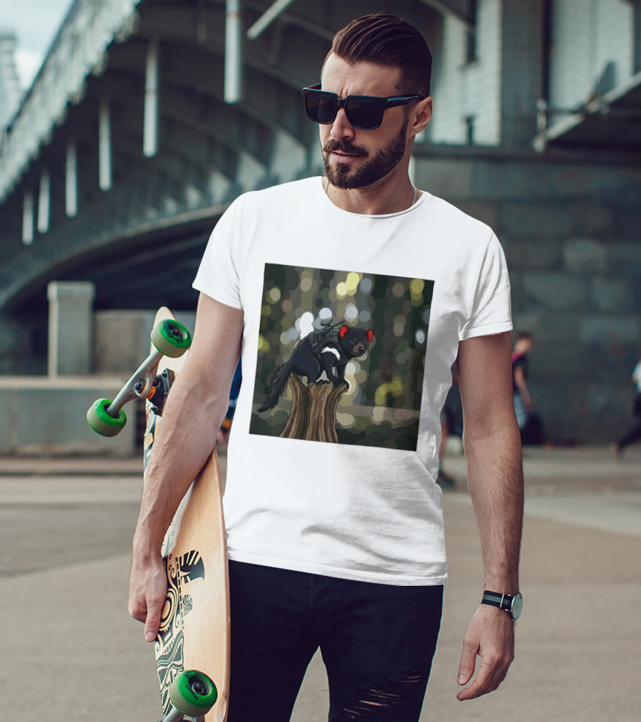 Tasmanian Devil With Machine Gun Cartoon On Tree Stump T-Shirt