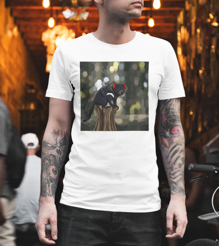 Tasmanian Devil with Machine Gun Cartoon on Tree Stump T-Shirt