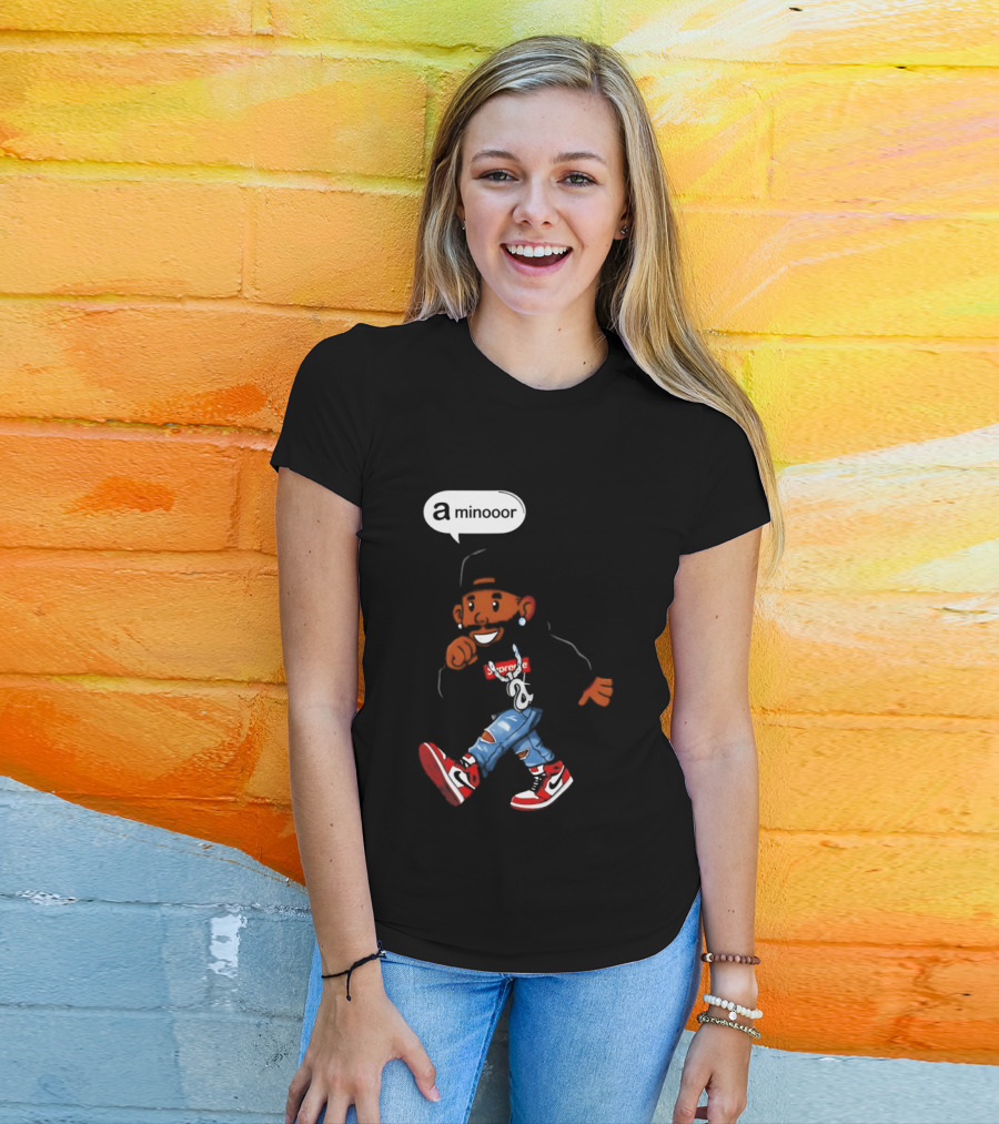 Kendrick Lamar Streetwear Cartoon Miniooor Red Sneakers Blue Jeans T-Shirt