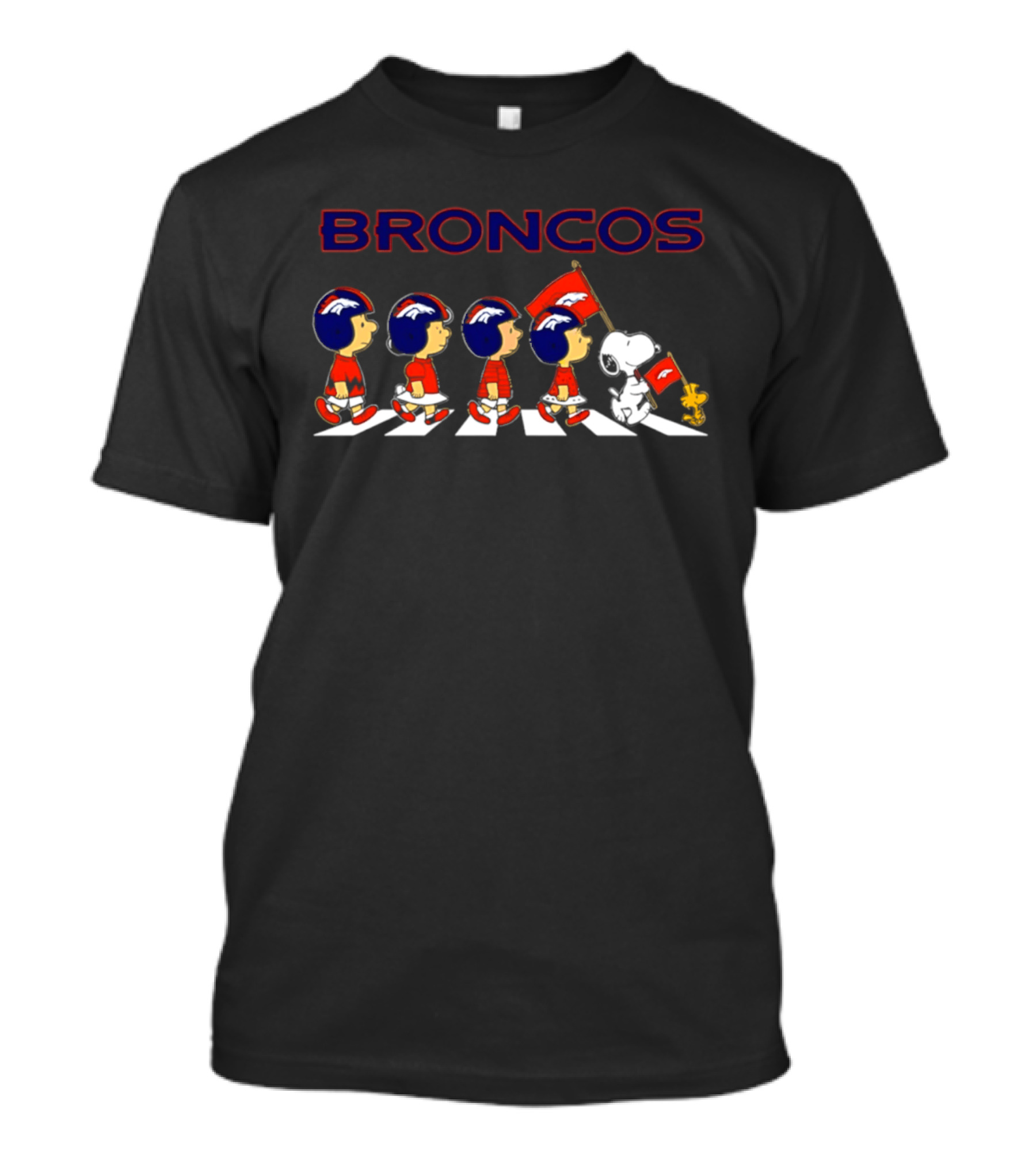 Peanuts Characters Walking With Denver Broncos Football Helmets And Flag T-Shirt