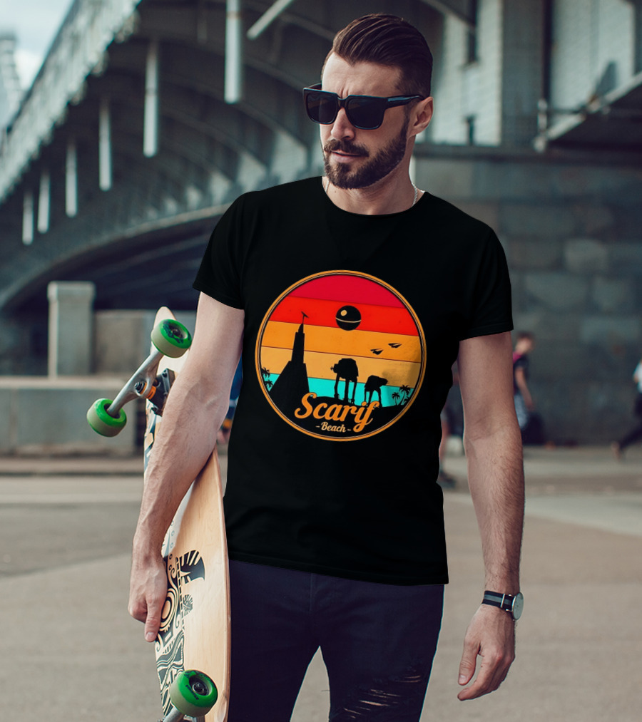 Scarif Beach Sunset With AT ACT Walkers And Death Star T-Shirt