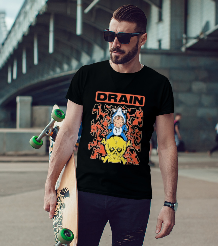 Drain Is Your Friend Tour 2026 Skull Shark Rider Skull T-Shirt