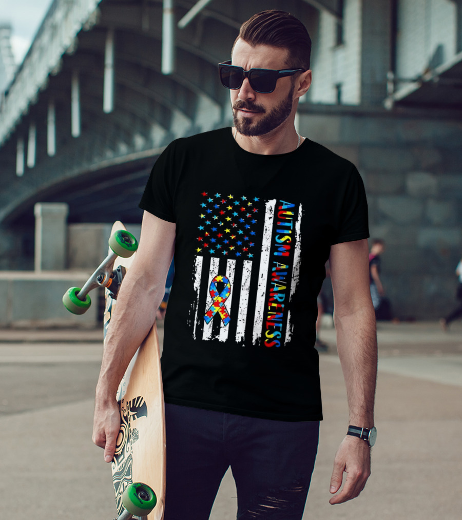 USA Flag Autism Awareness Ribbon Puzzle Pieces T-Shirt